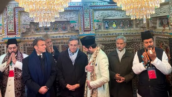 French President Emmanuel Macron pays a visit to Nizamuddin Aulia Dargah in Delhi