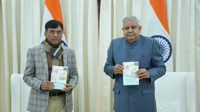 VP Dhankhar Unveils Mansukh Mandaviya’s Book ‘Fertilising the Future: Bharat’s March Towards Fertiliser Self-Sufficiency’