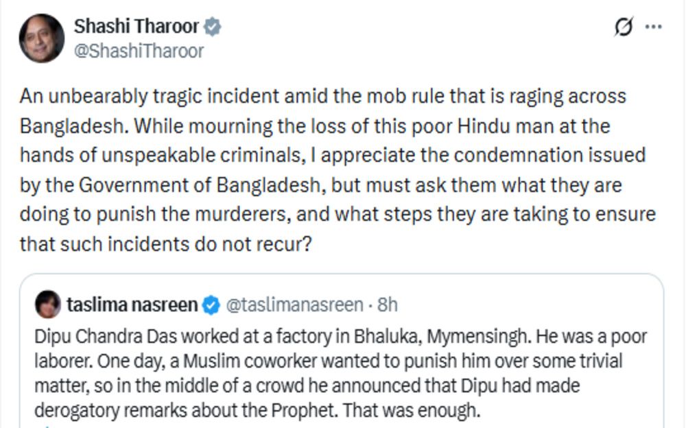Tharoor Slams Mob Violence in Bangladesh